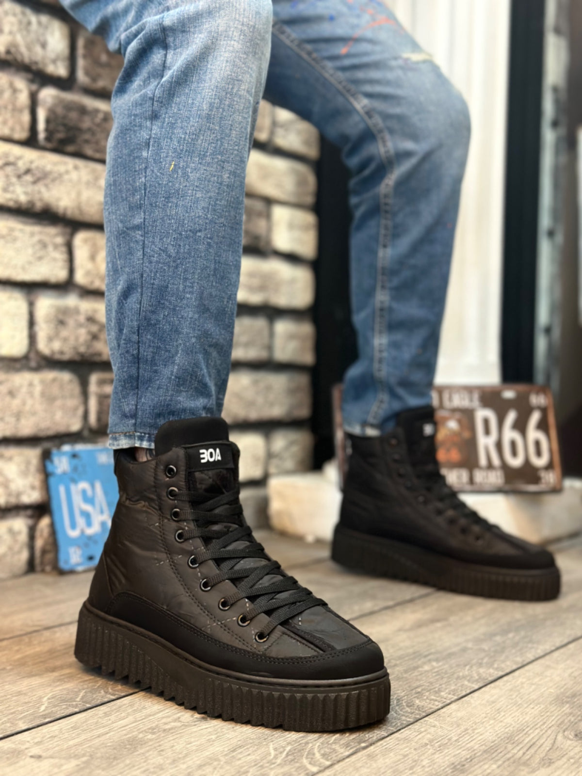 BA0811 High Black Sole Black Parachute Fabric Skin Detailed Half Ankle Sports Boots - STREETMODE™