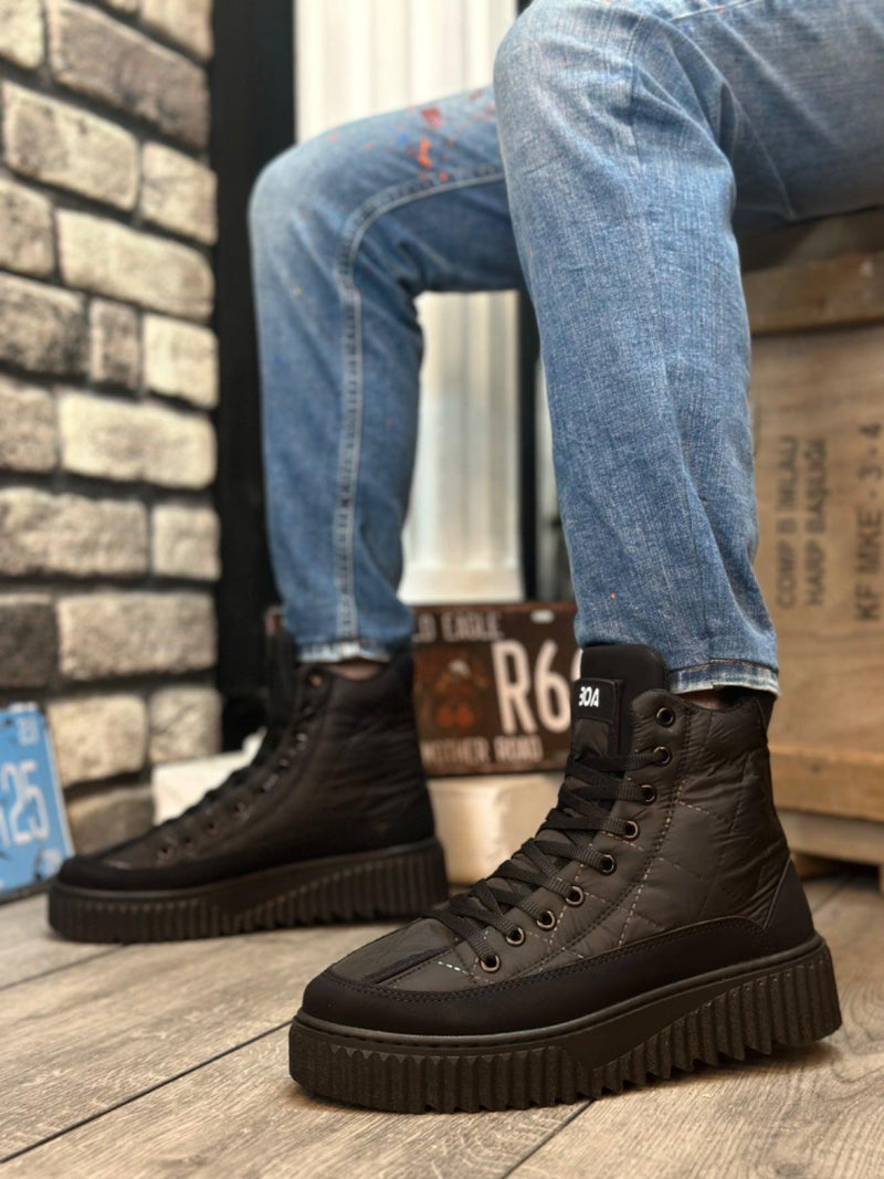 BA0811 High Black Sole Black Parachute Fabric Skin Detailed Half Ankle Sports Boots - STREETMODE™