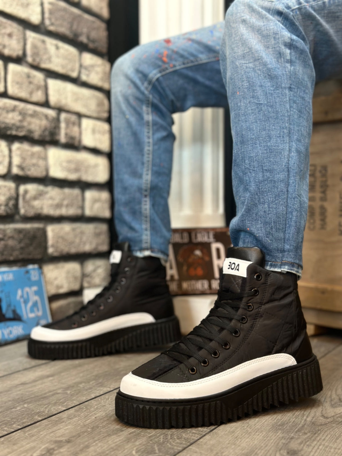 BA0811 High Sole Black Parachute Fabric Half Ankle Sports Boots with White Skin Detail - STREETMODE™