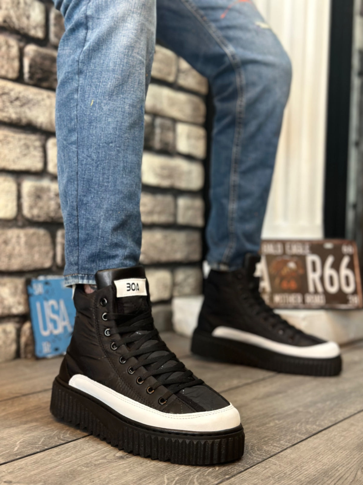 BA0811 High Sole Black Parachute Fabric Half Ankle Sports Boots with White Skin Detail - STREETMODE™