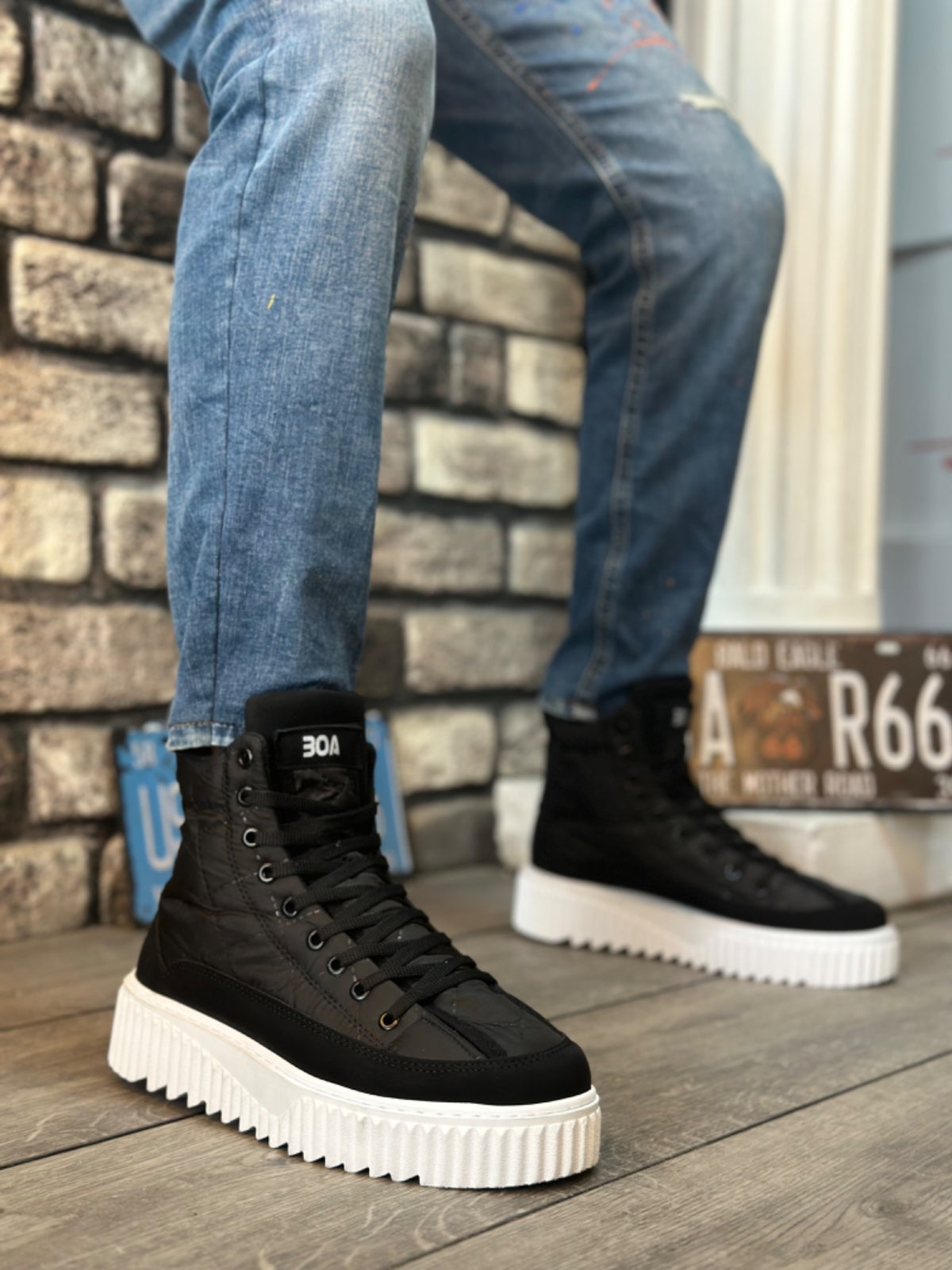 BA0811 High White Sole Black Parachute Fabric Skin Detailed Half Ankle Sports Boots - STREETMODE™
