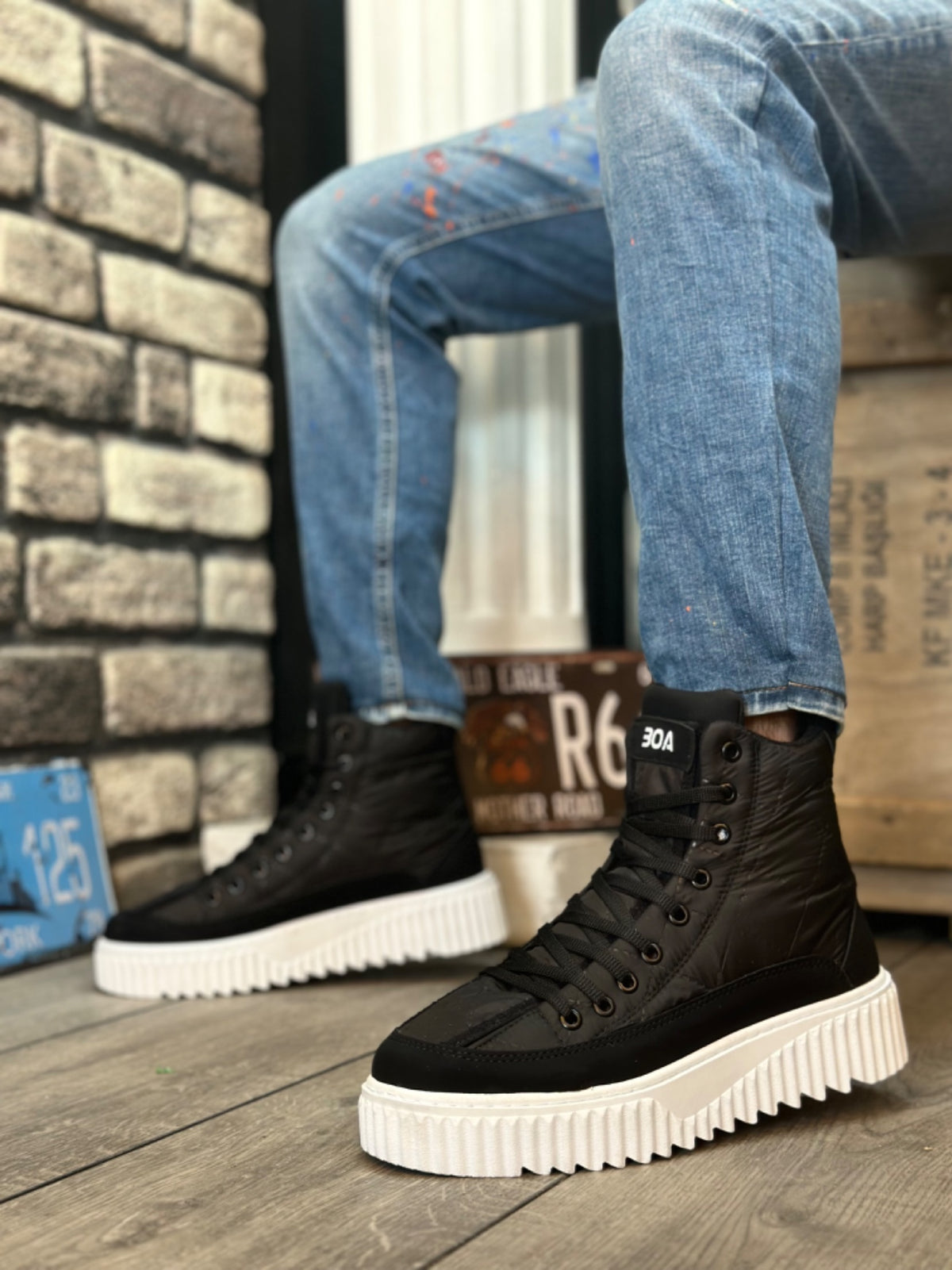 BA0811 High White Sole Black Parachute Fabric Skin Detailed Half Ankle Sports Boots - STREETMODE™