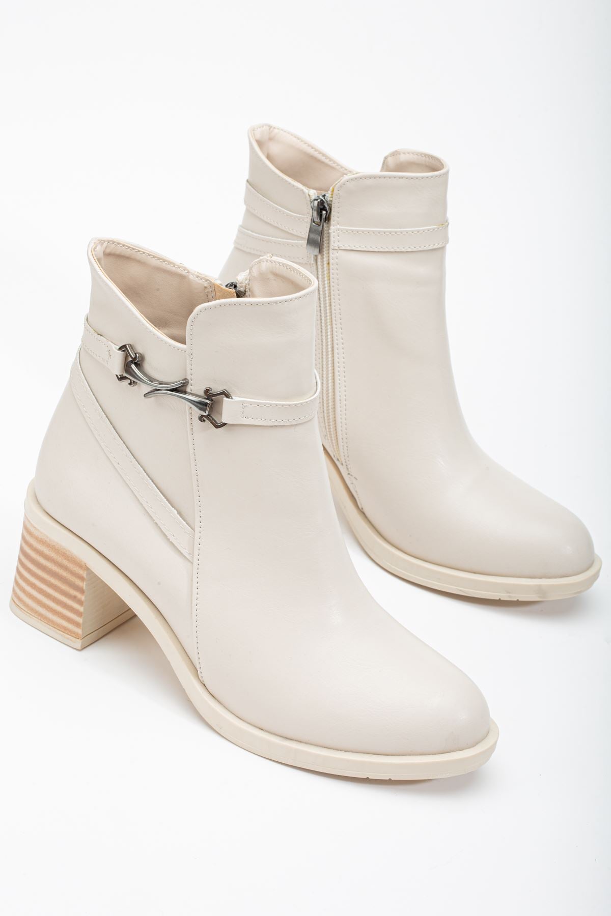 Beige Buckled Heeled Women's Boots - STREETMODE™