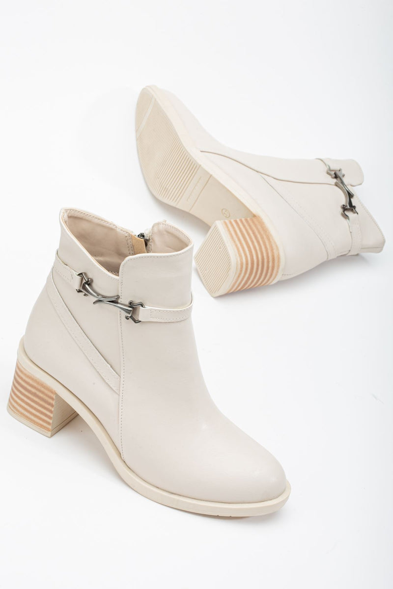 Beige Buckled Heeled Women's Boots - STREETMODE™