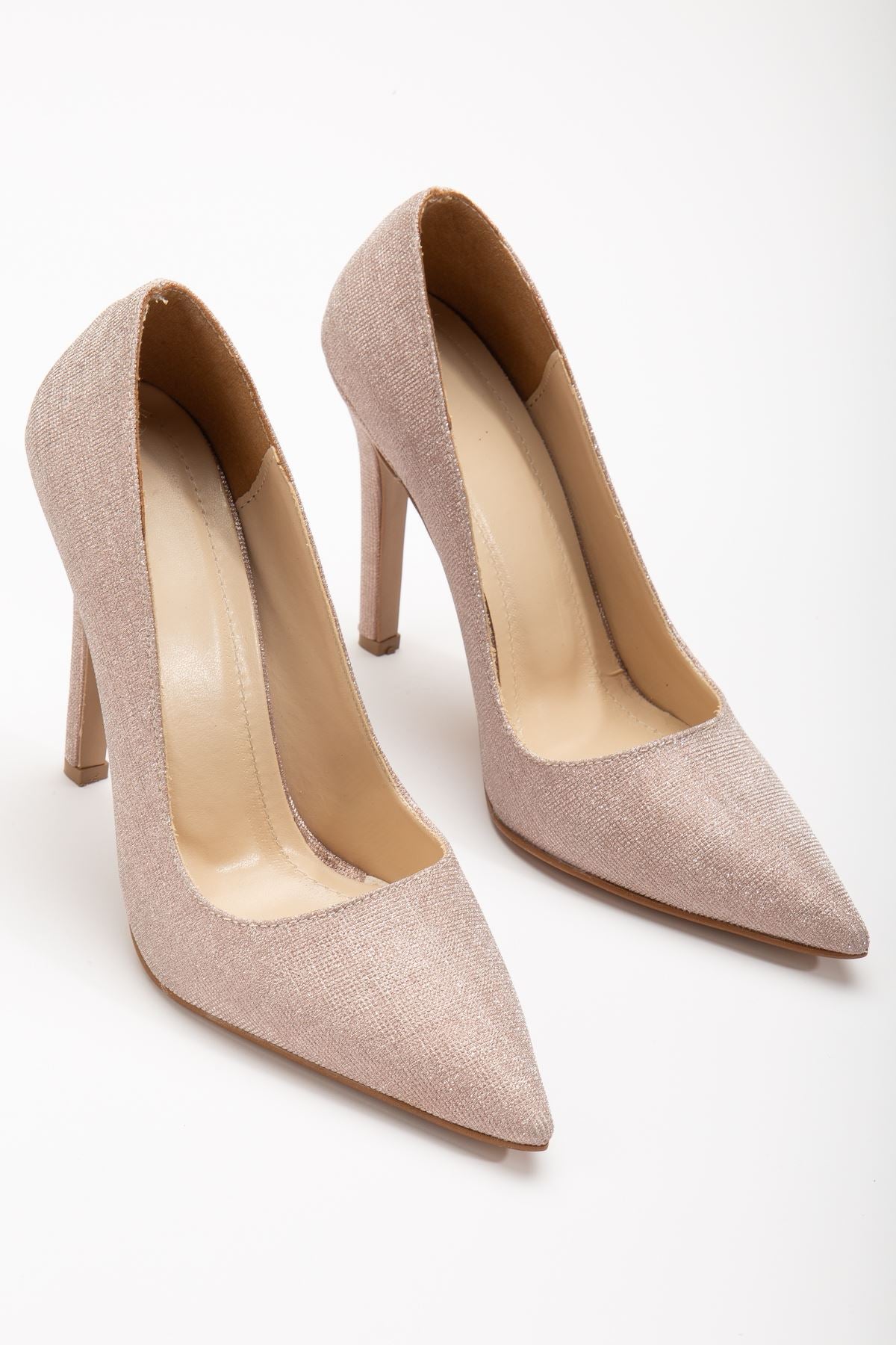 Beige Glitter Pointed Low-cut Women's High Heels Shoes - STREETMODE™