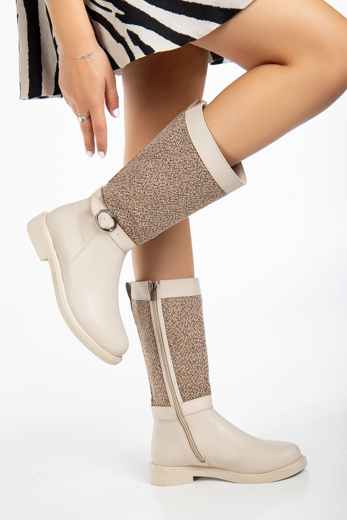 Beige Leather Felt Detailed Women's Boots - STREETMODE™