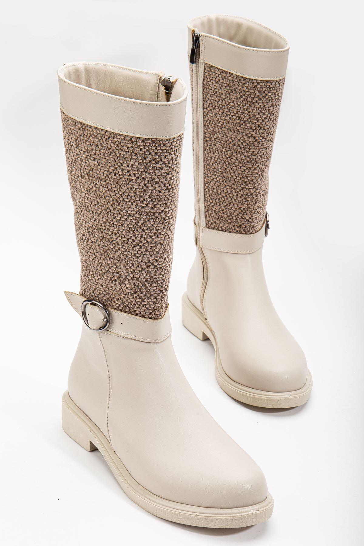 Beige Leather Felt Detailed Women's Boots - STREETMODE™