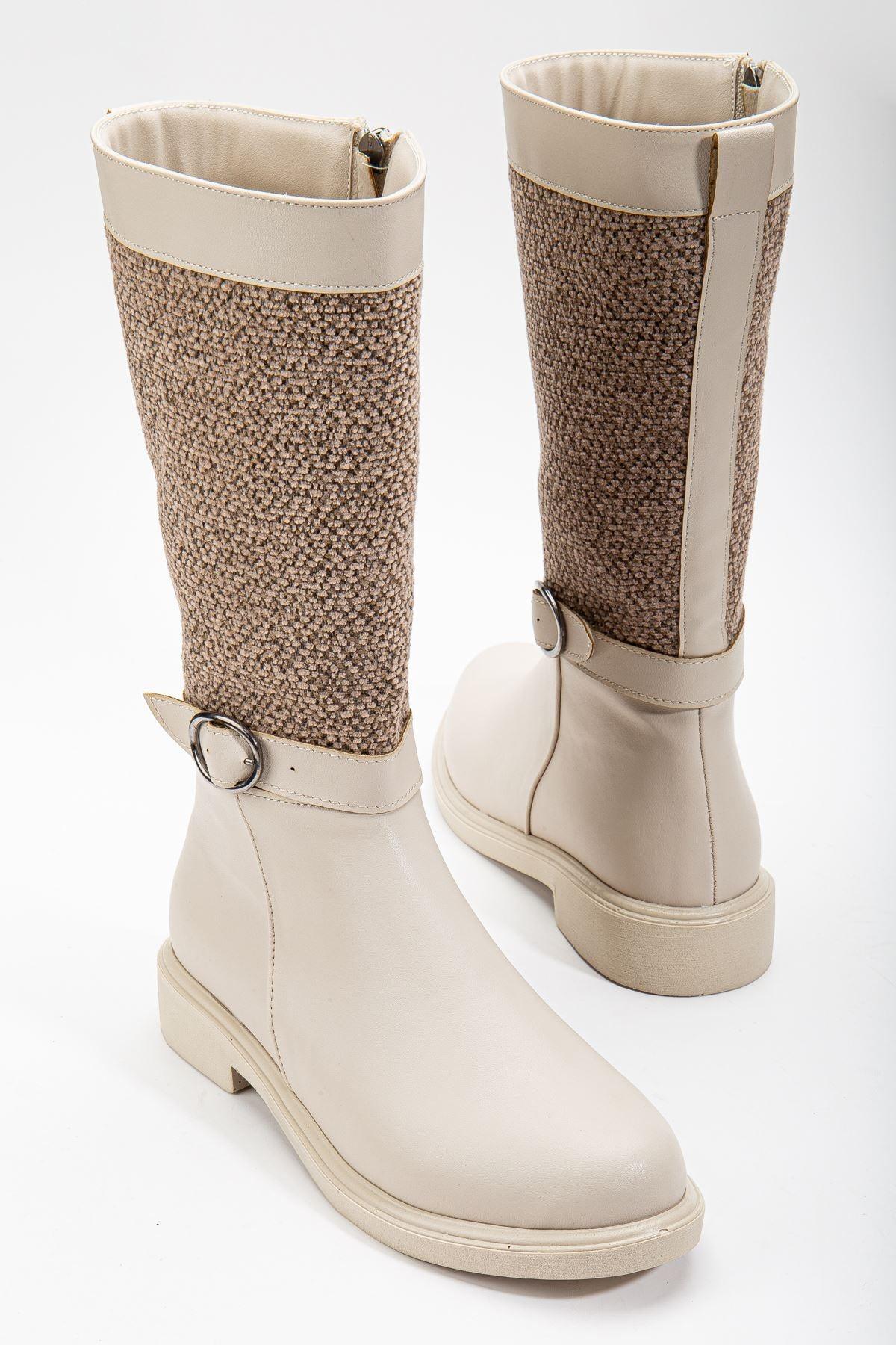 Beige Leather Felt Detailed Women's Boots - STREETMODE™