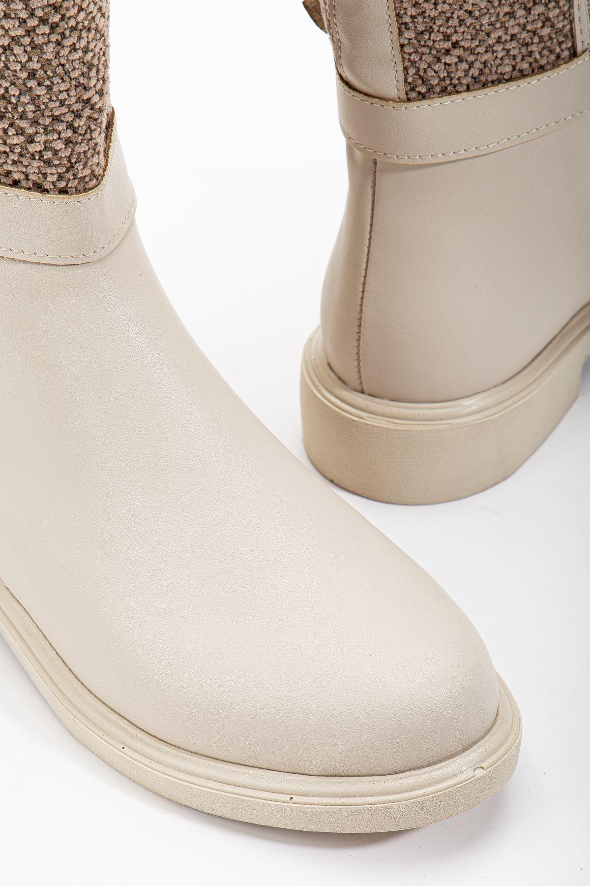 Beige Leather Felt Detailed Women's Boots - STREETMODE™