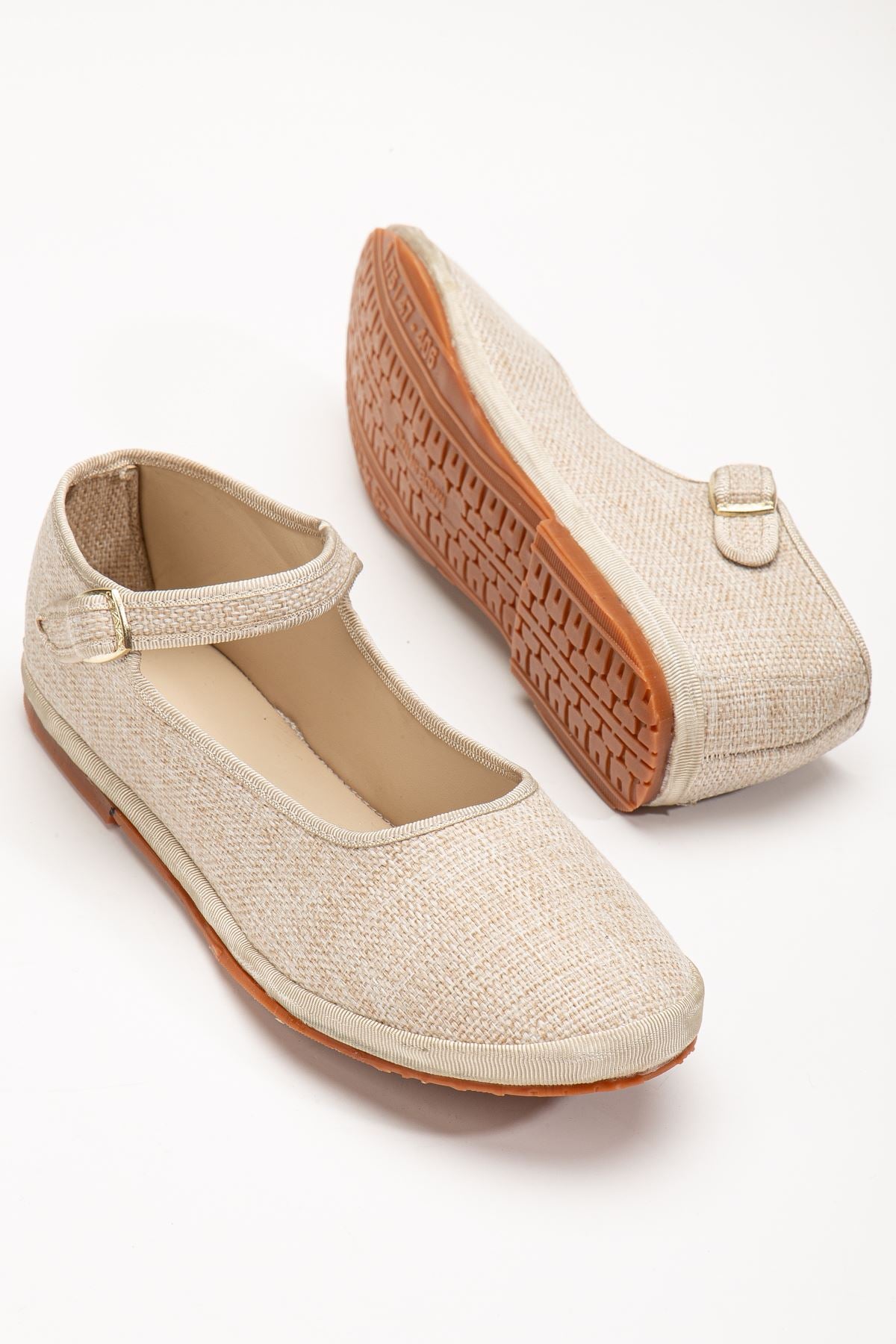 Beige Linen Buckle Detailed Flat Sole Women's Ballerinas - STREETMODE™