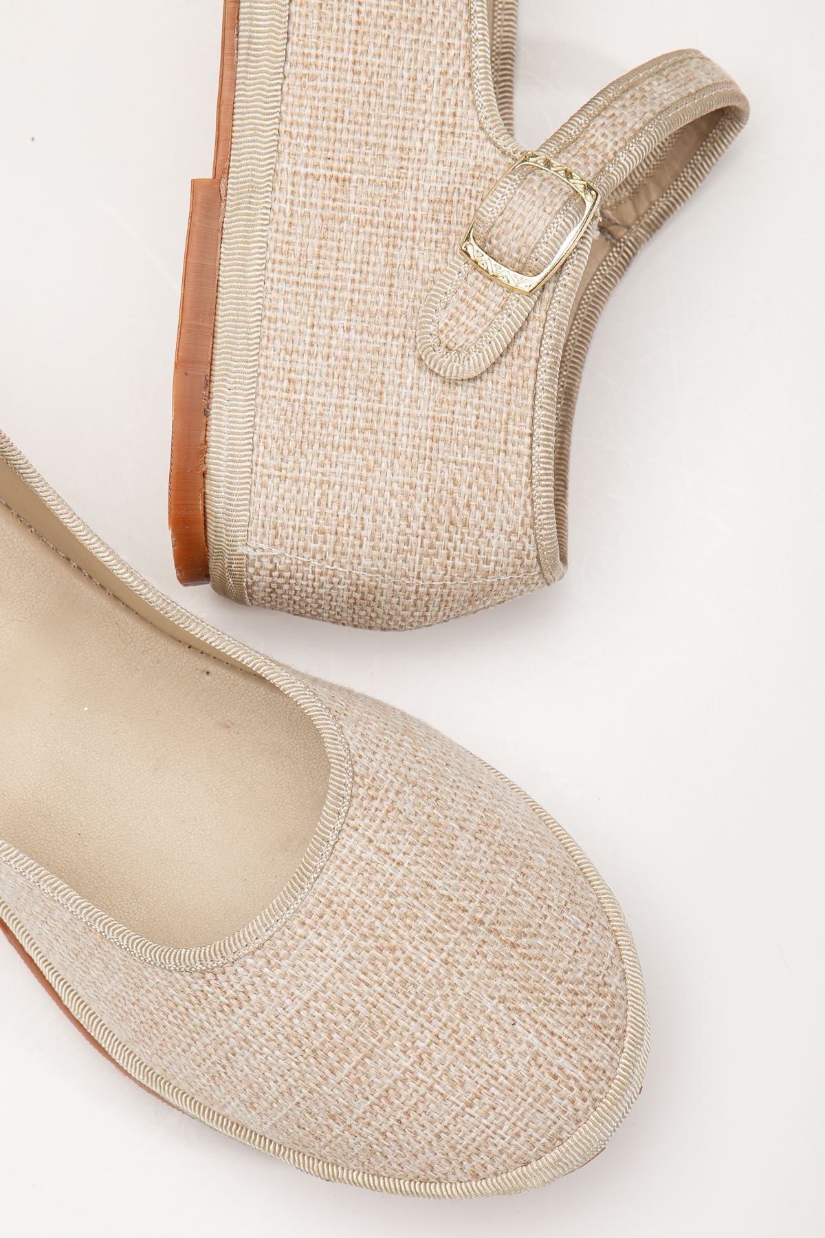 Beige Linen Buckle Detailed Flat Sole Women's Ballerinas - STREETMODE™