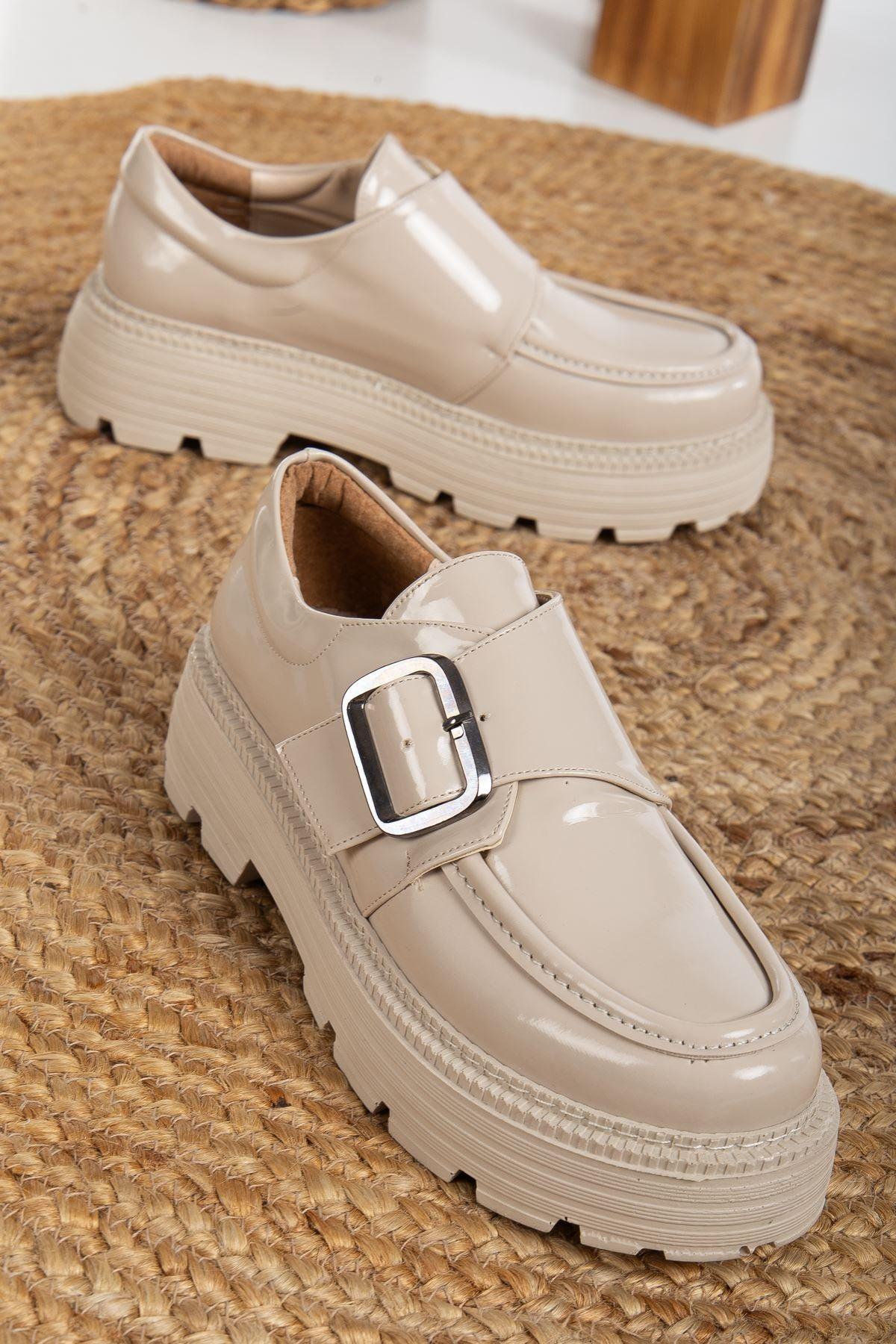 Beige Patent Leather Women's Stylish Casual Shoes with Buckle Detail - STREETMODE™