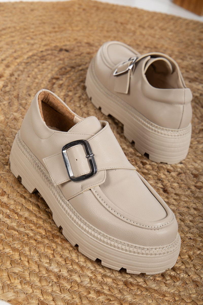 Beige Skin Women's Stylish Casual Shoes with Buckle Detail - STREETMODE™