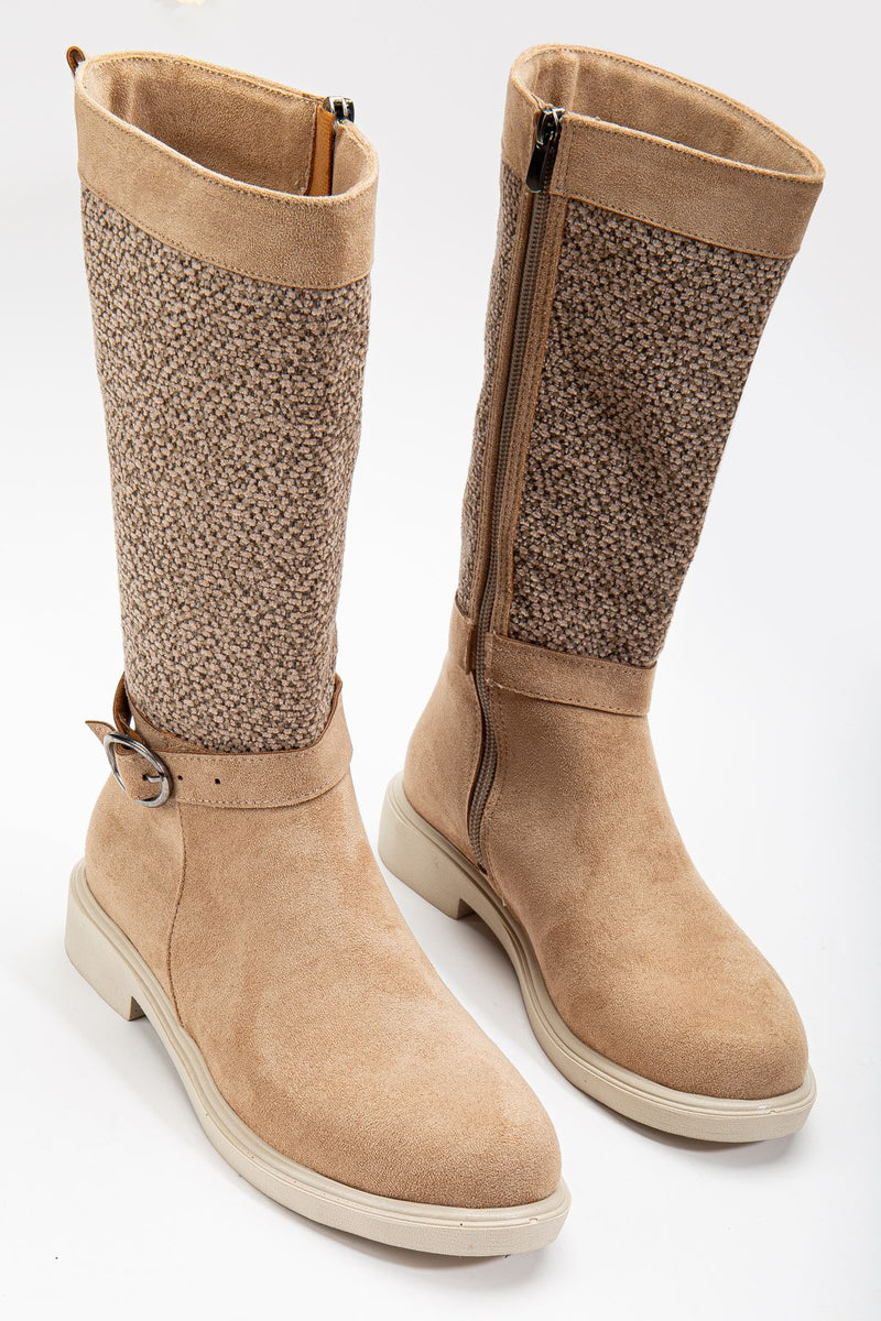 Beige Suede Felt Detailed Women's Boots - STREETMODE™