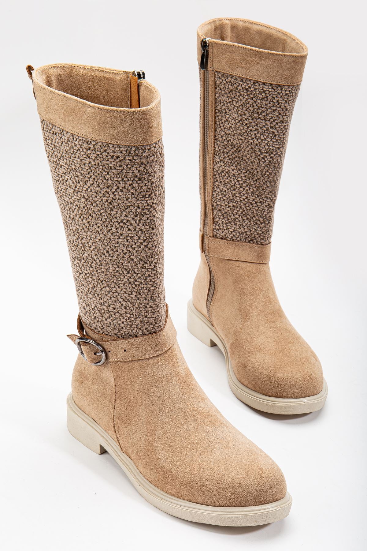 Beige Suede Felt Detailed Women's Boots - STREETMODE™