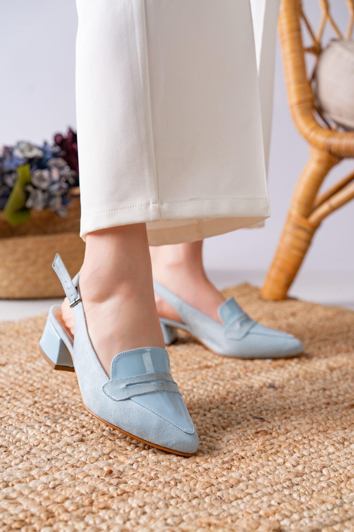 Bert Baby Blue Patent Leather - Suede Pointed Toe Low Heels Women's Shoes - STREETMODE™