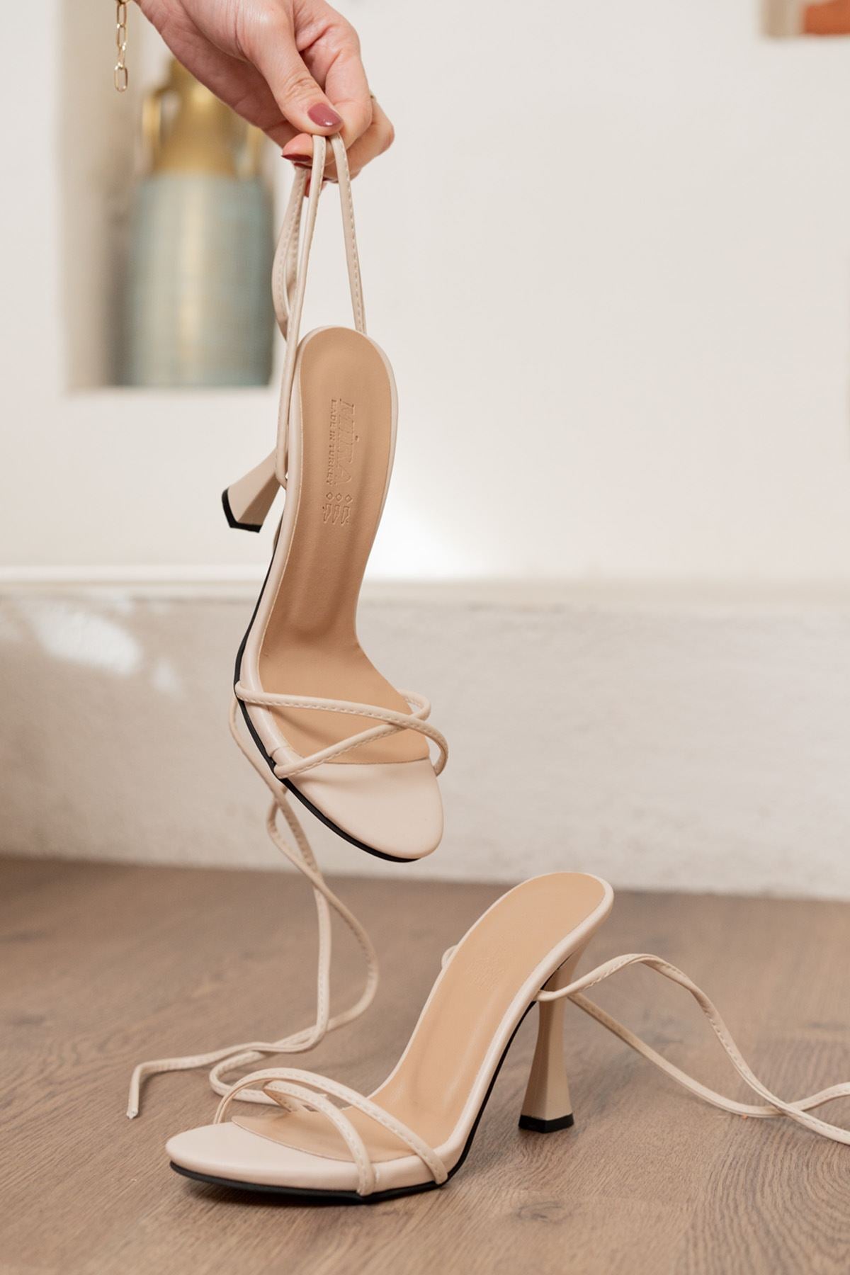 Bestia Cream Skin Ankle Tie Detailed High Heels Women's Shoes - STREETMODE™