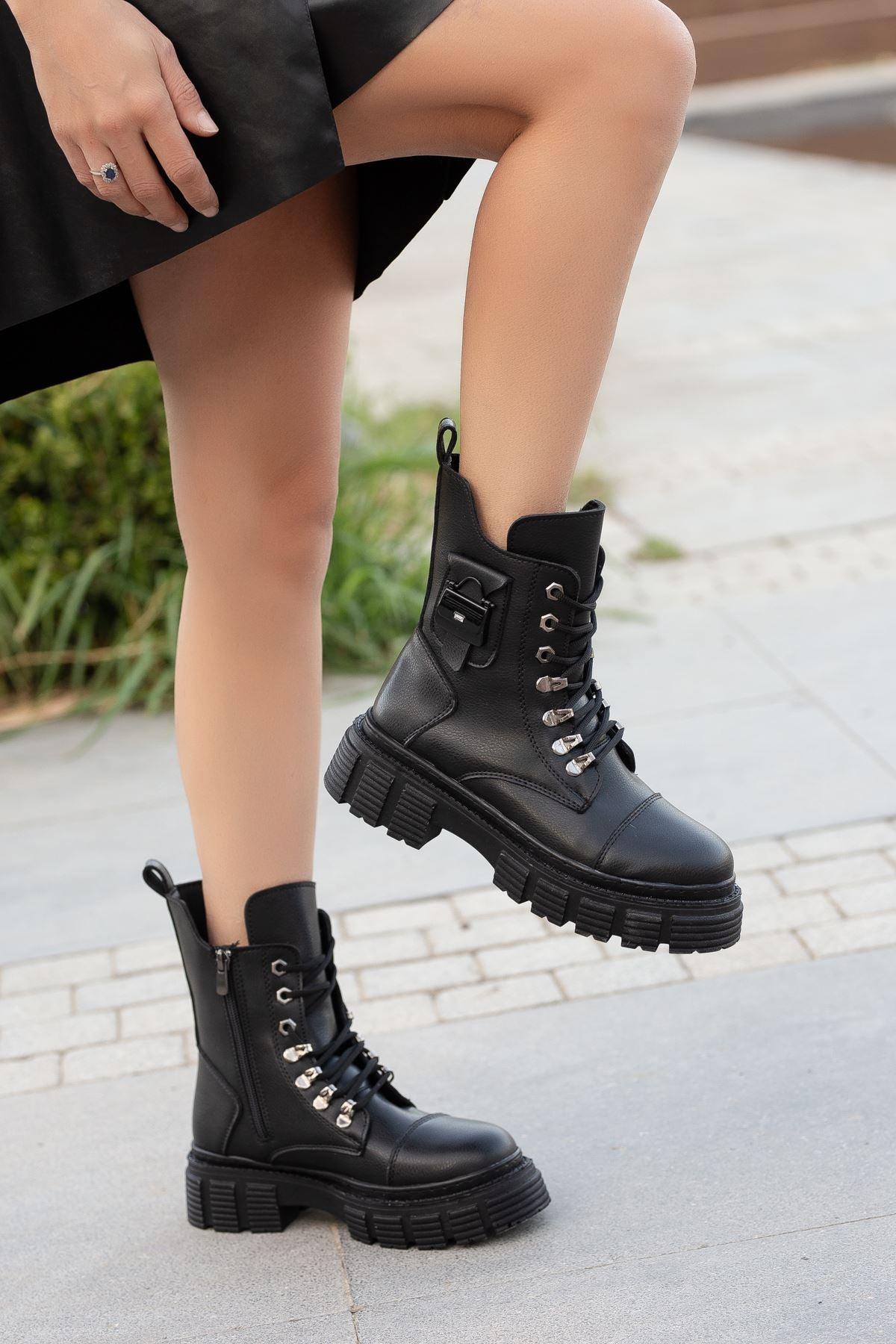 Black Leather Bag Detailed Women's Lace-Up Boots - STREETMODE™