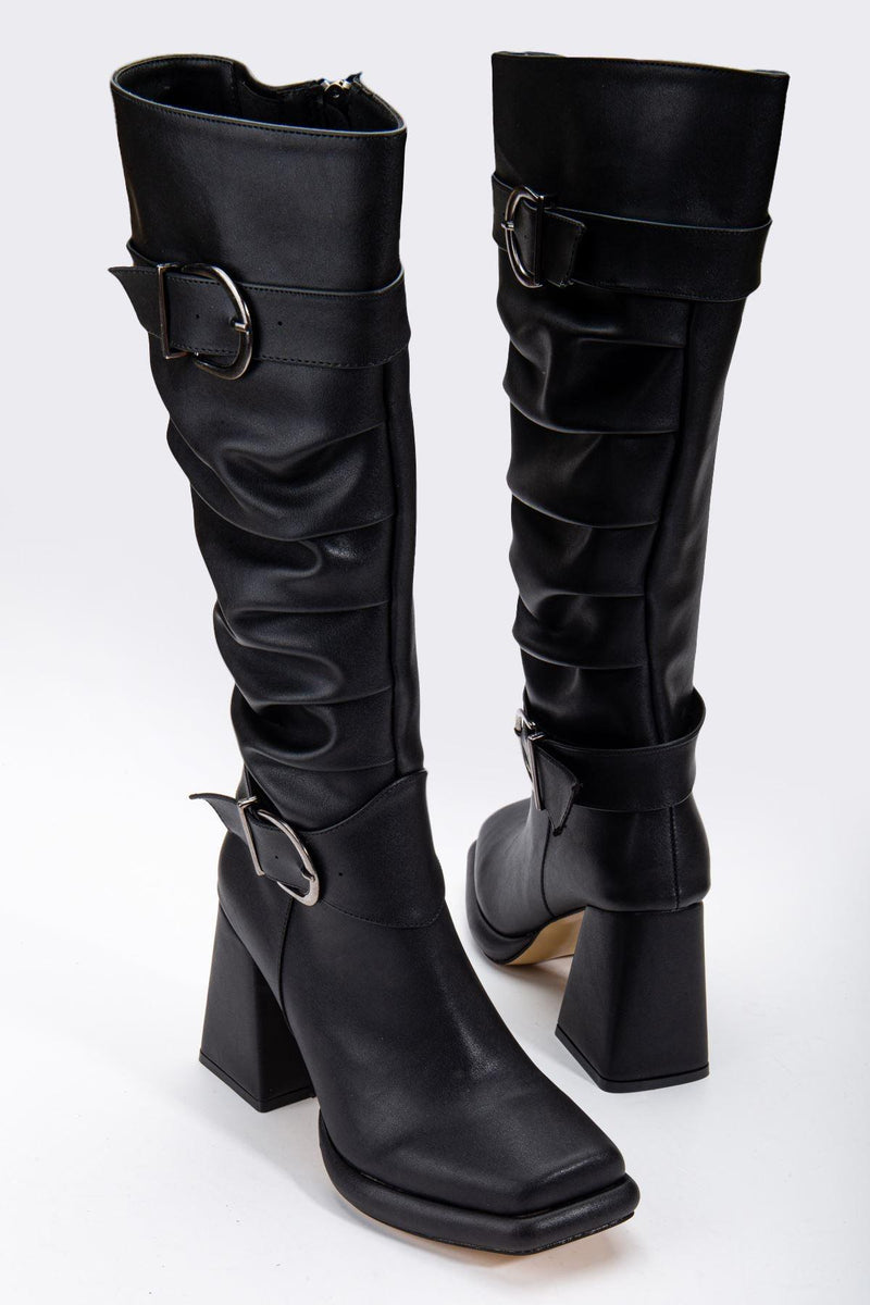 Black Leather Bellows Blunt Toe Women's High Heel Platform Boots - STREETMODE™