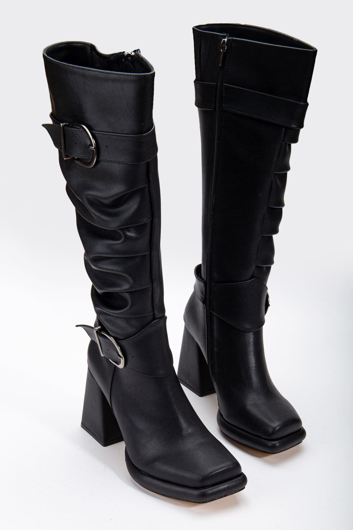 Black Leather Bellows Blunt Toe Women's High Heel Platform Boots - STREETMODE™