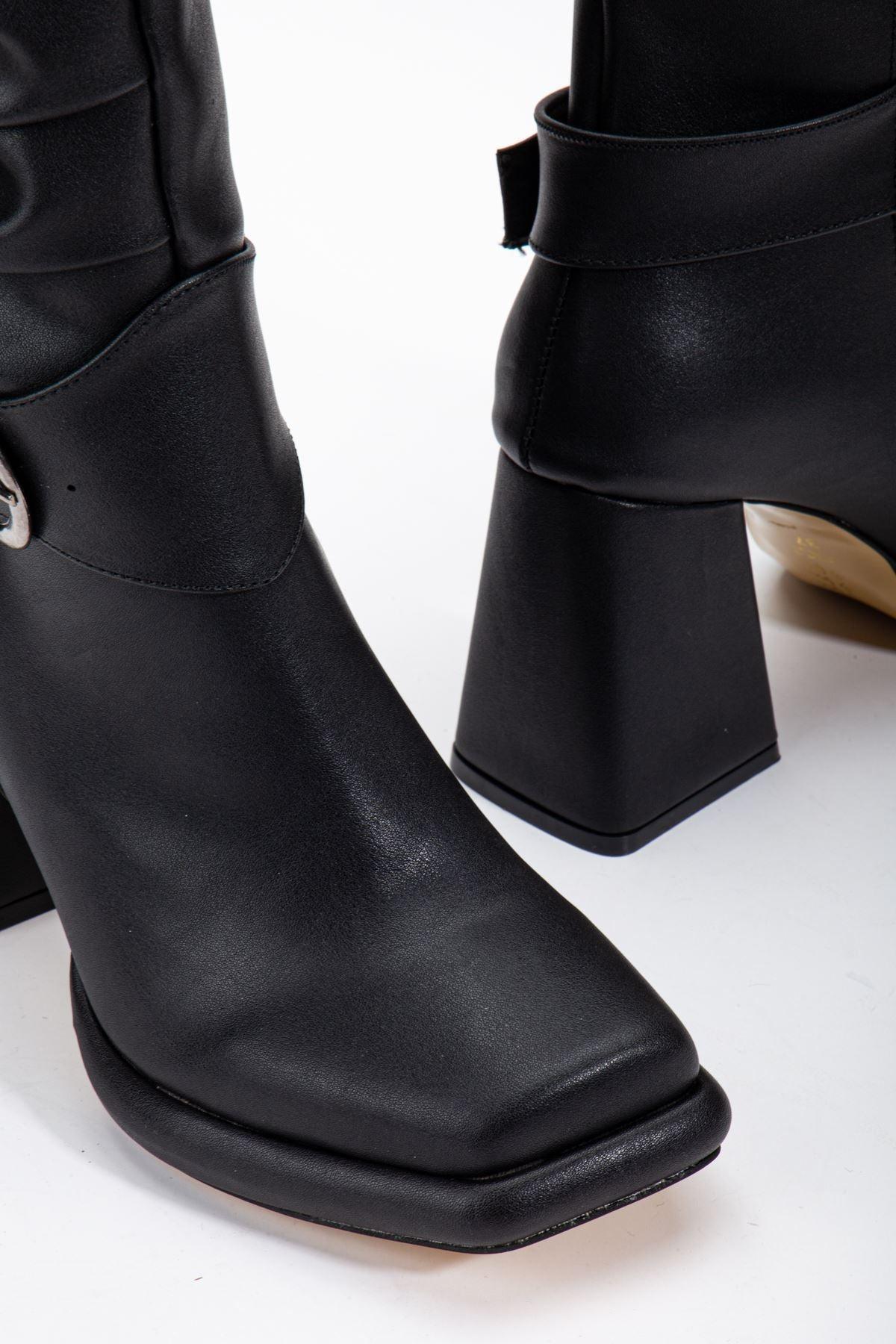 Black Leather Bellows Blunt Toe Women's High Heel Platform Boots - STREETMODE™