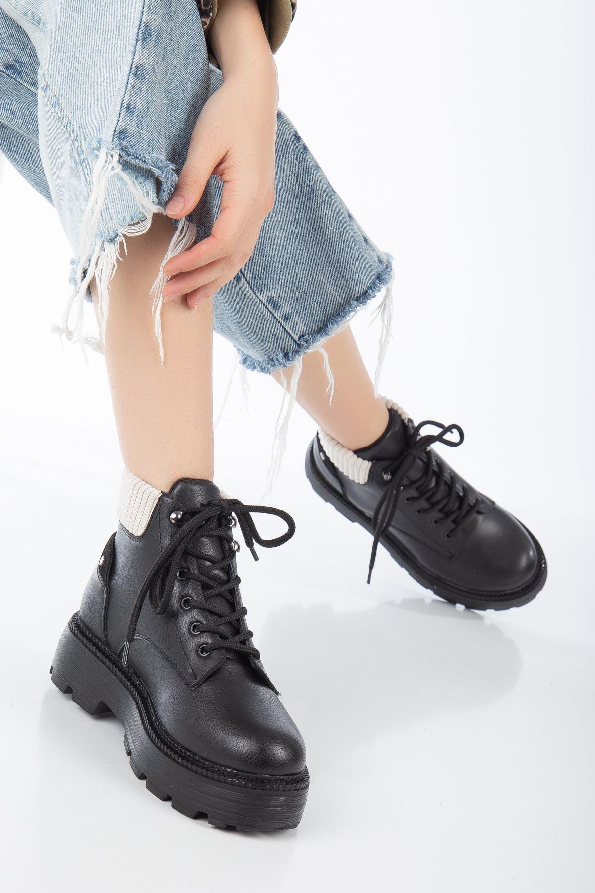 Black Leather Cat Lace Detail Women's Boots - STREETMODE™