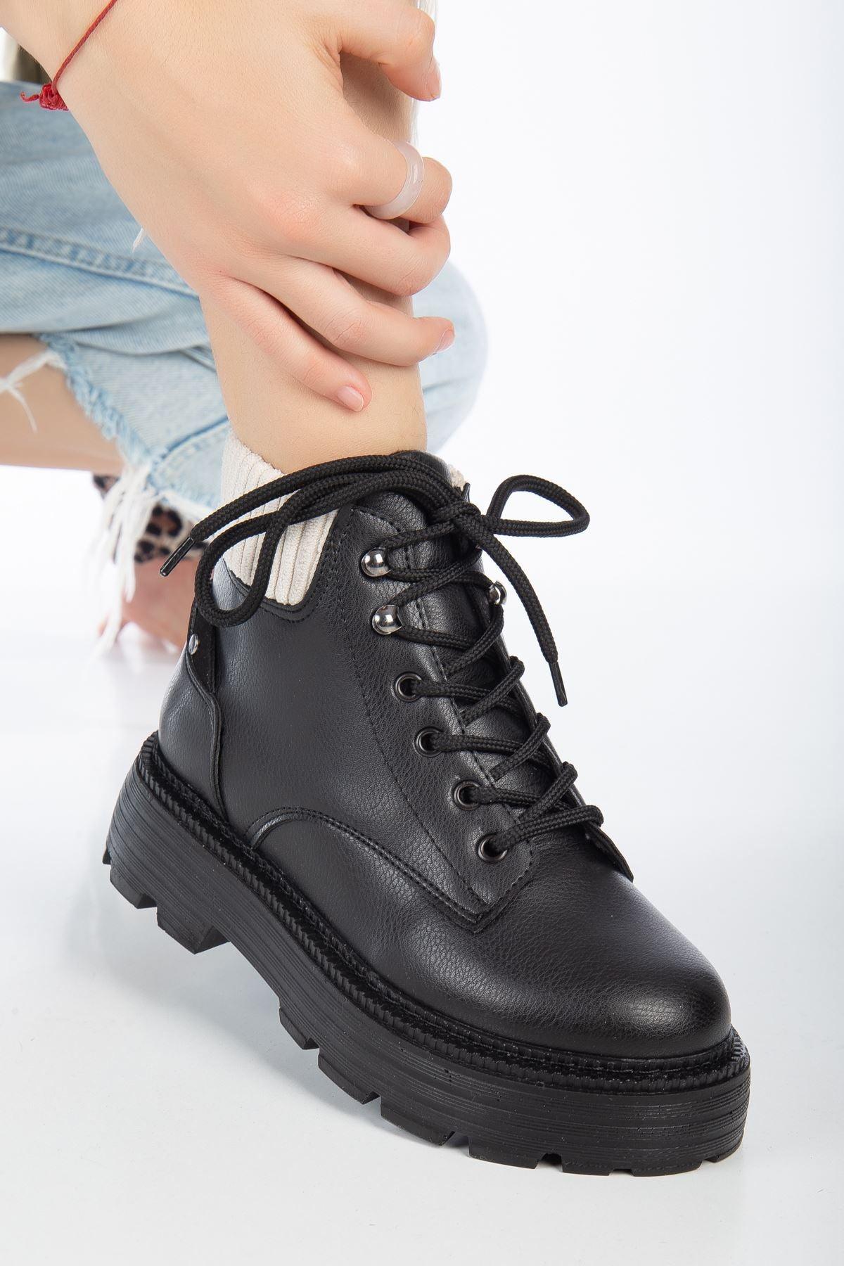 Black Leather Cat Lace Detail Women's Boots - STREETMODE™