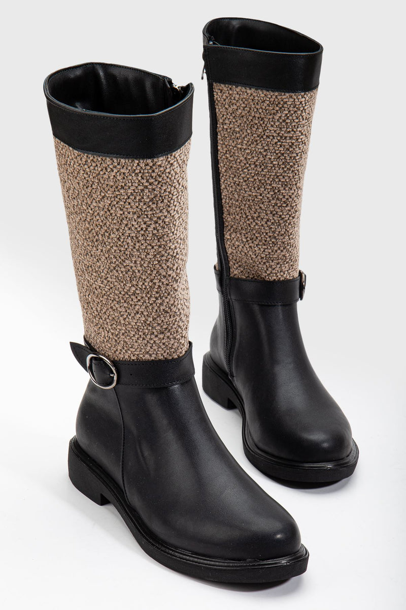 Black Leather Felt Detailed Women's Boots - STREETMODE™