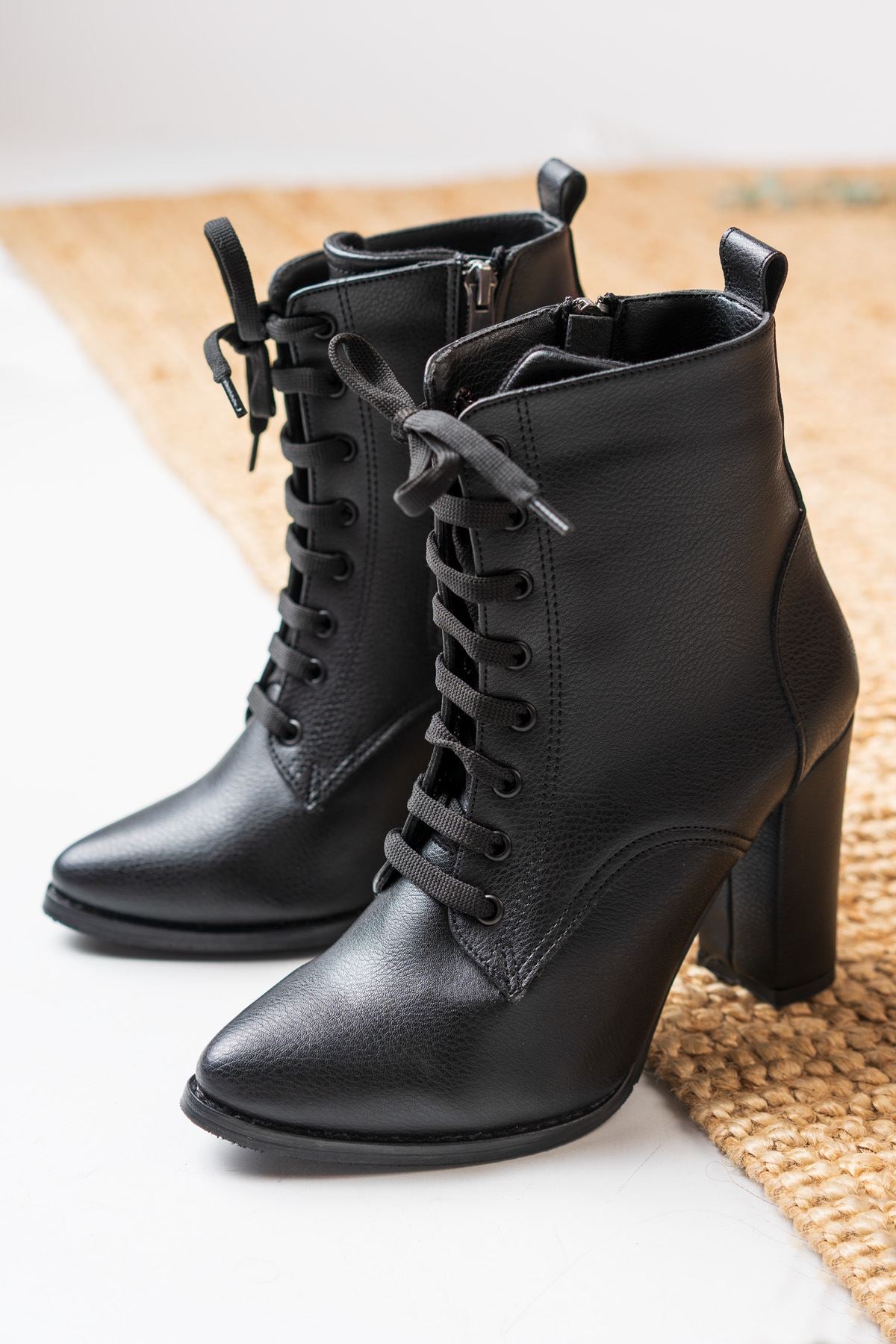 Black Leather High Heel Lace Detail Women's Boots - STREETMODE™