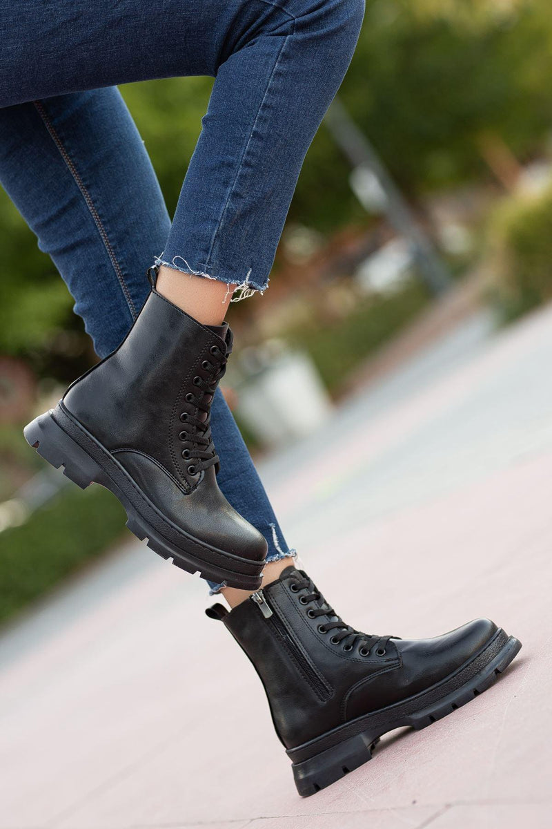 Black Leather Long Lace Detailed Women's Boots - STREETMODE™