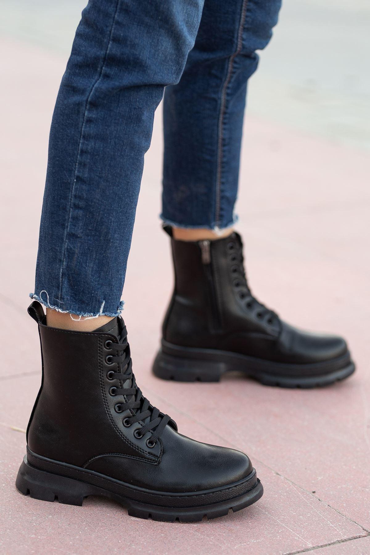 Black Leather Long Lace Detailed Women's Boots - STREETMODE™