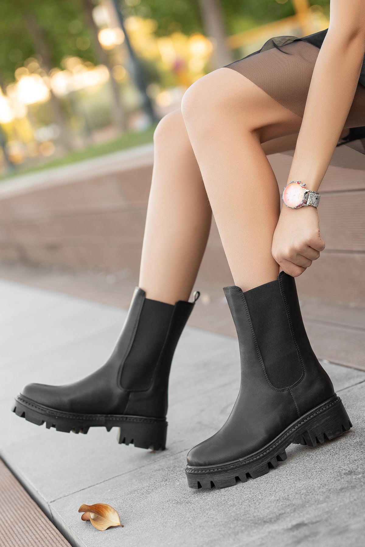 Black Leather Rubber Detailed Women's Boots - STREETMODE™