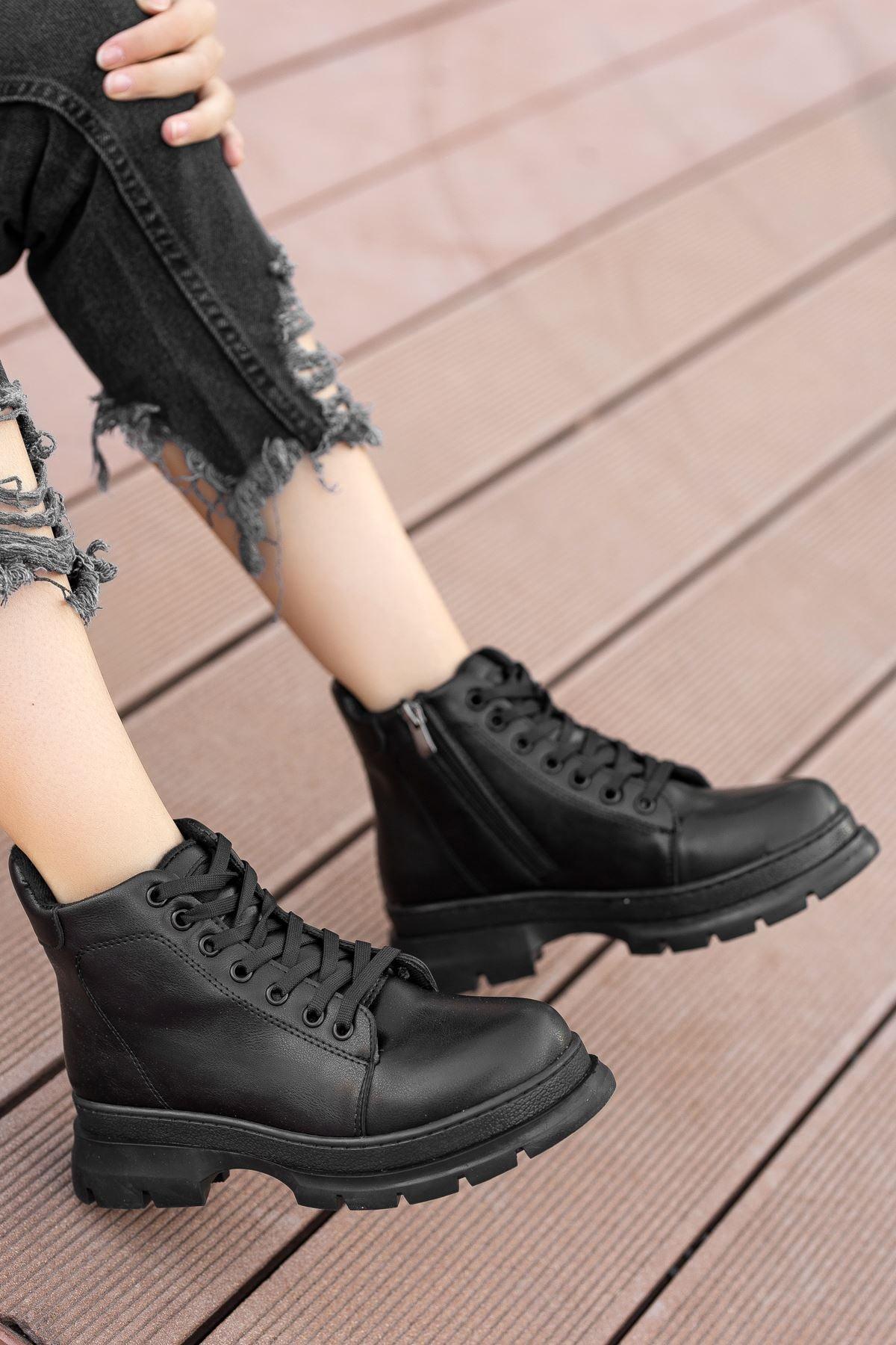 Black Leather Short Lace Detailed Women's Boots - STREETMODE™