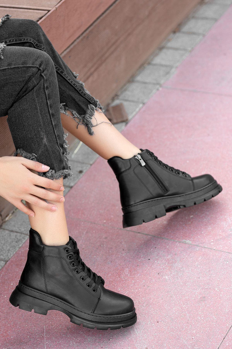 Black Leather Short Lace Detailed Women's Boots - STREETMODE™