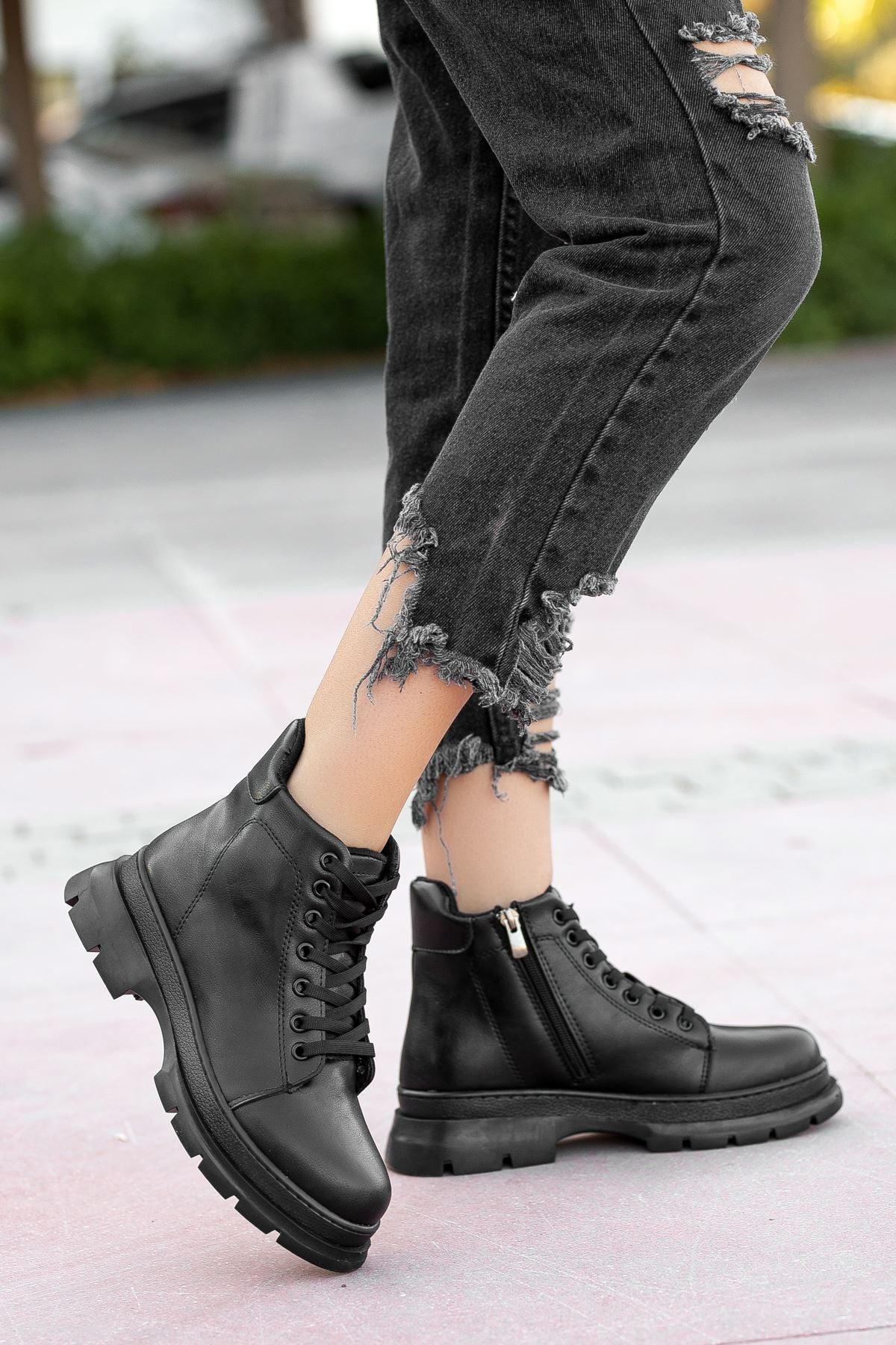 Black Leather Short Lace Detailed Women's Boots - STREETMODE™