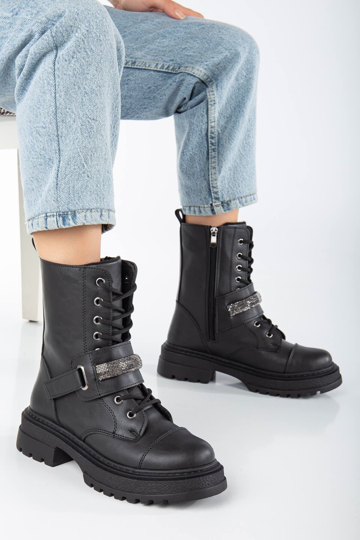 Black Leather Stone Detailed Lace-Up Women's Boots - STREETMODE™