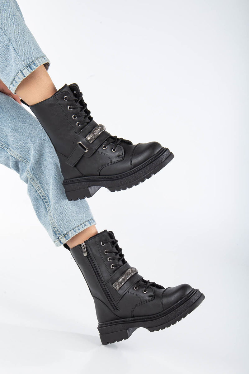 Black Leather Stone Detailed Lace-Up Women's Boots - STREETMODE™