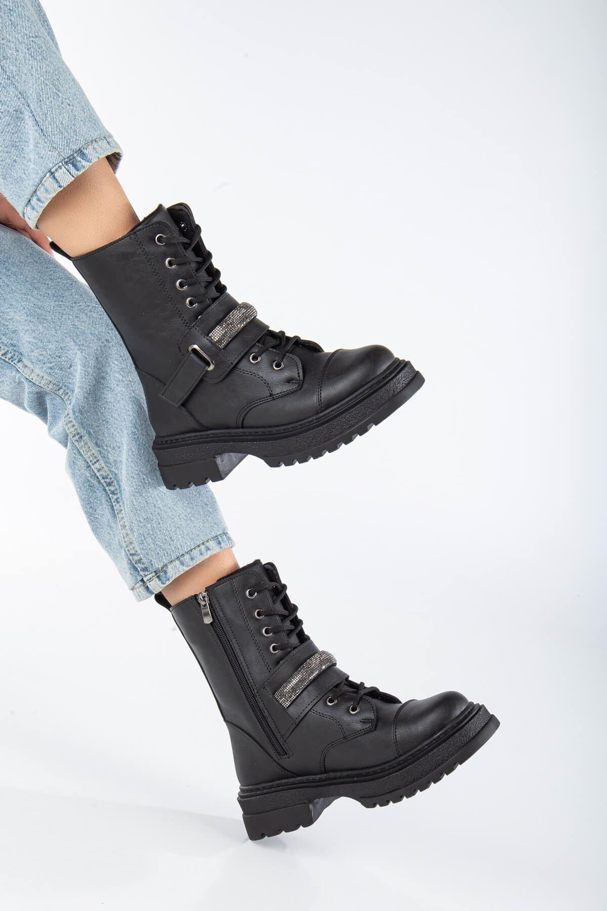 Black Leather Stone Detailed Lace-Up Women's Boots - STREETMODE™