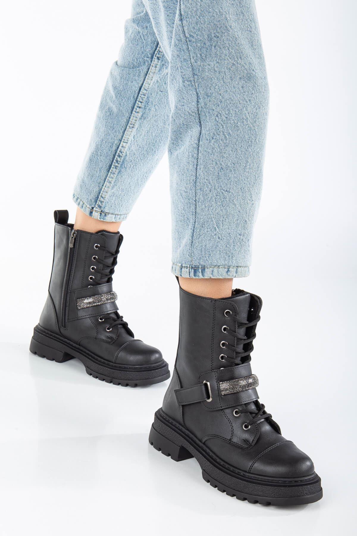 Black Leather Stone Detailed Lace-Up Women's Boots - STREETMODE™