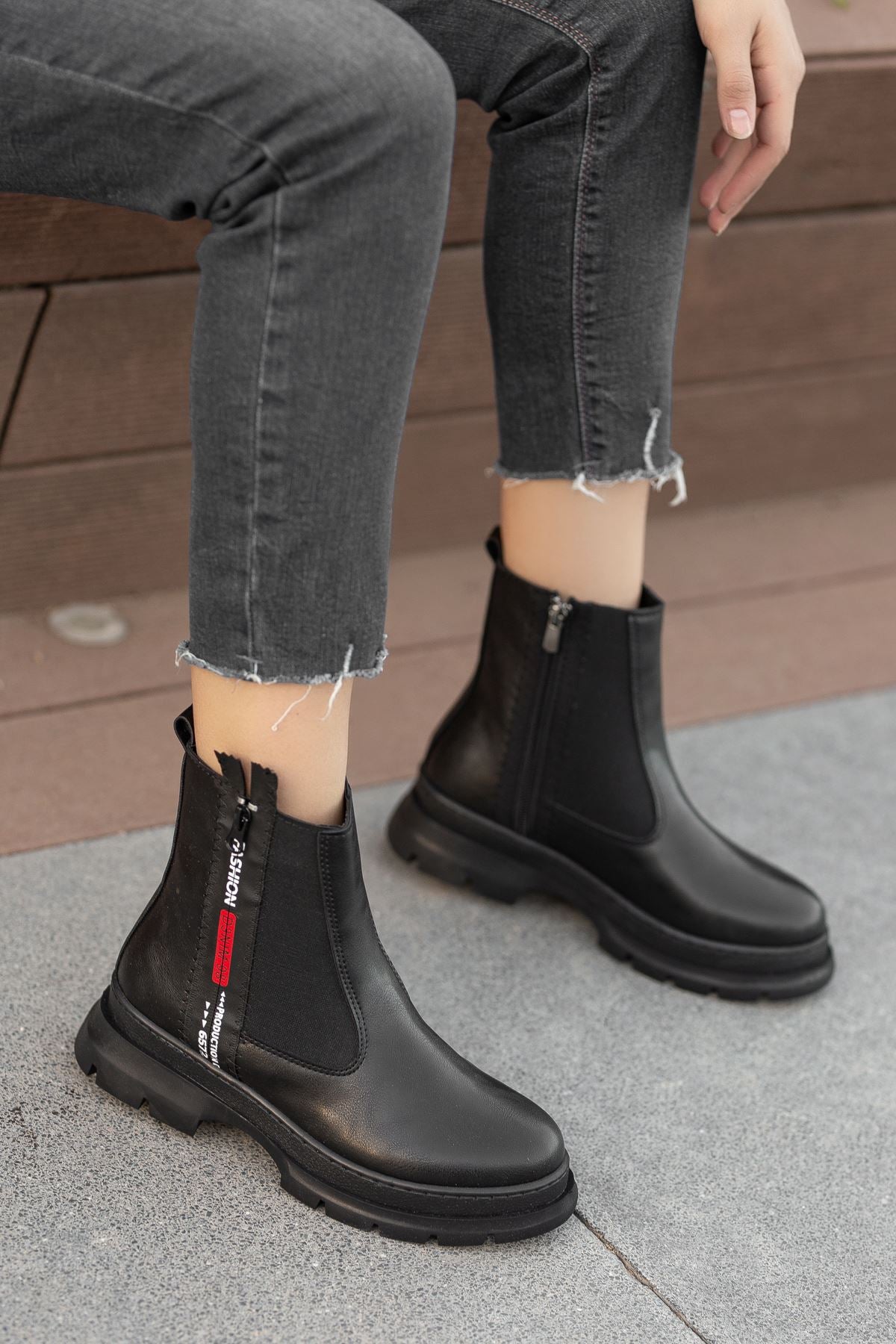 Black Leather Text Patterned Women's Boots - STREETMODE™