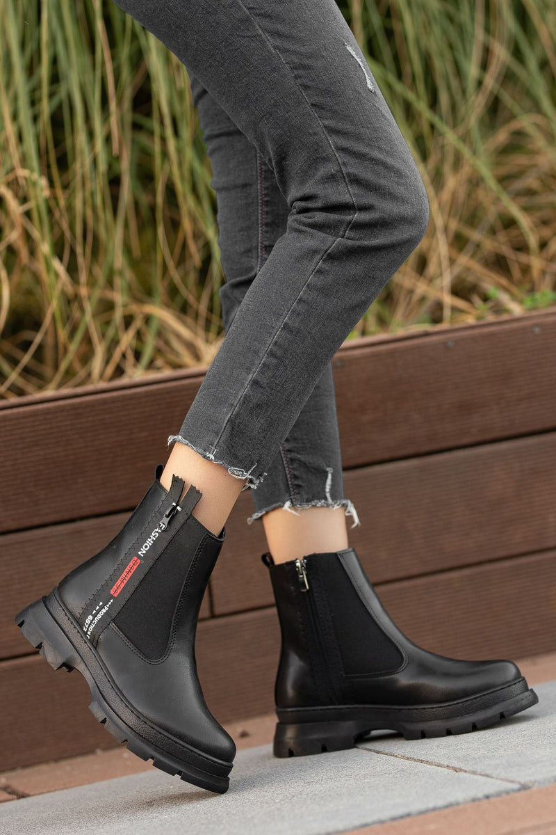 Black Leather Text Patterned Women's Boots - STREETMODE™