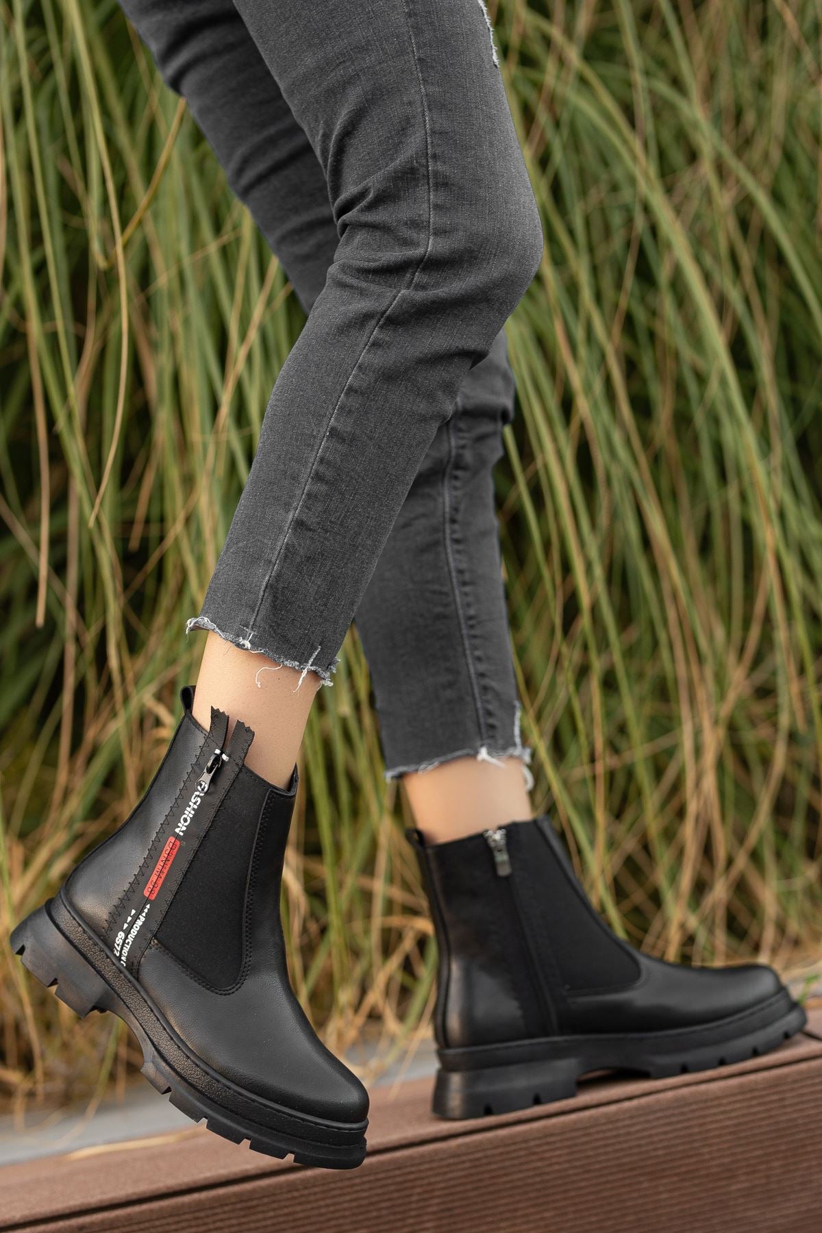 Black Leather Text Patterned Women's Boots - STREETMODE™