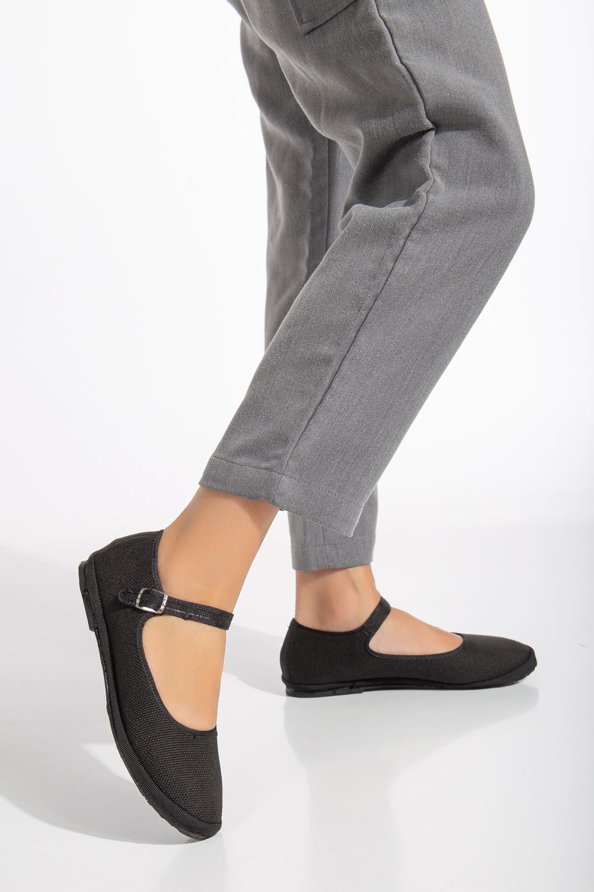 Black Linen Buckle Detailed Flat Sole Women's Ballerinas - STREETMODE™