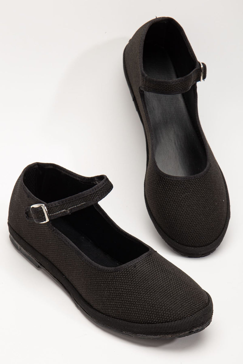 Black Linen Buckle Detailed Flat Sole Women's Ballerinas - STREETMODE™