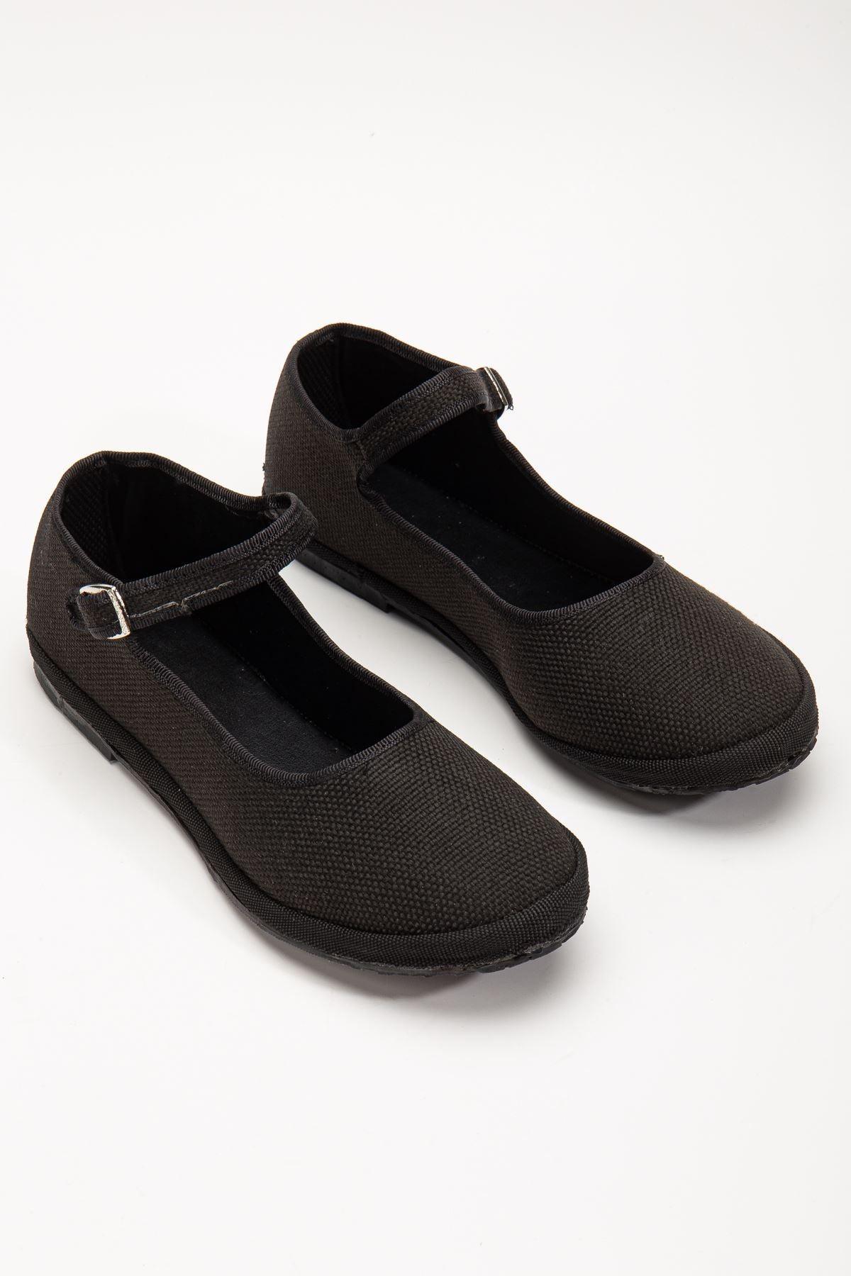 Black Linen Buckle Detailed Flat Sole Women's Ballerinas - STREETMODE™