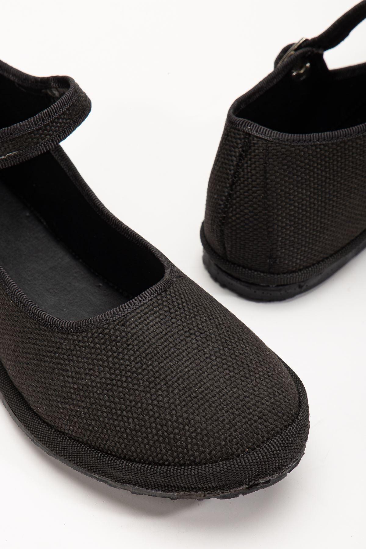 Black Linen Buckle Detailed Flat Sole Women's Ballerinas - STREETMODE™