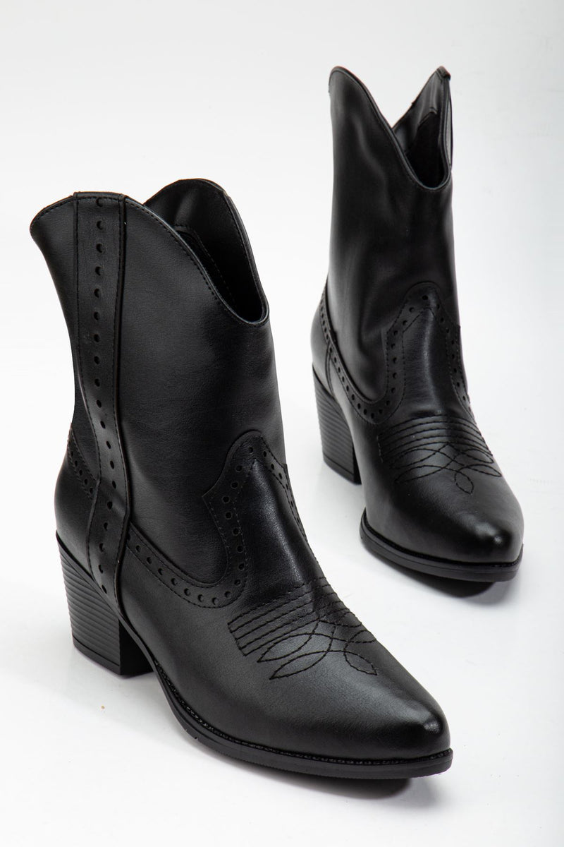 Black Matte Leather Western Cowboy Boots - STREETMODE™