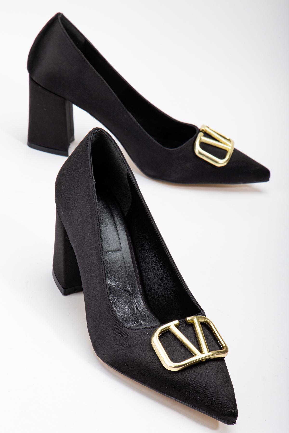 Black Satin Buckle Detailed Thick Heel Shoes - STREETMODE™