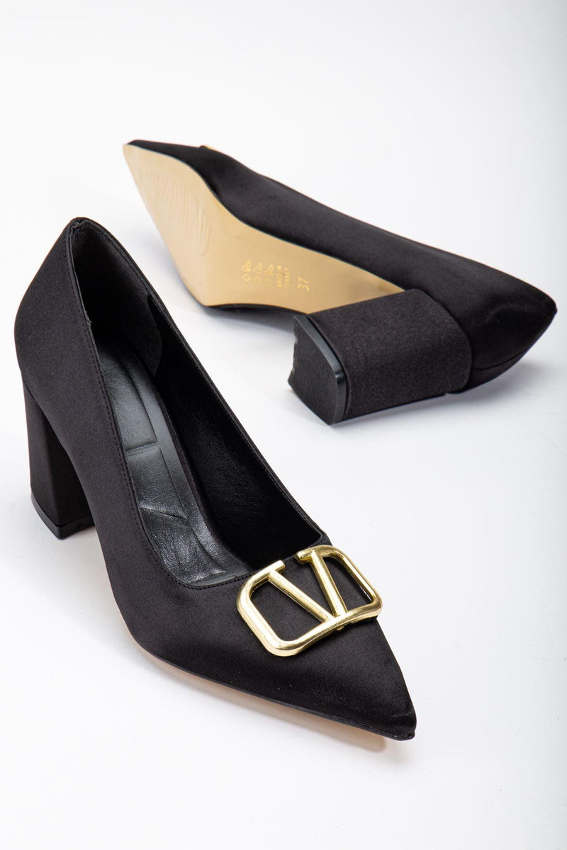 Black Satin Buckle Detailed Thick Heel Shoes - STREETMODE™