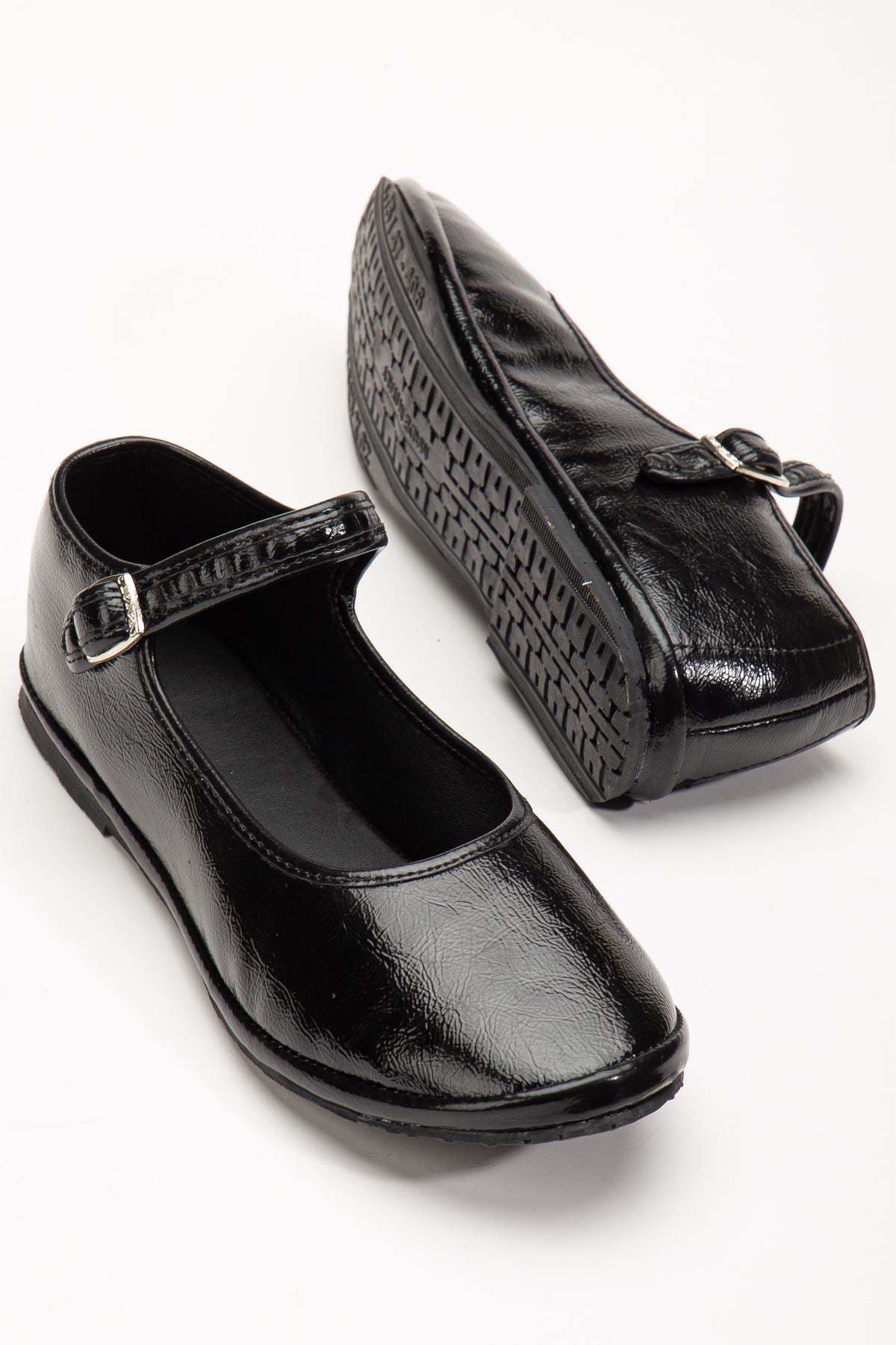 Black Skin Buckle Detailed Flat Sole Women's Ballerinas - STREETMODE™